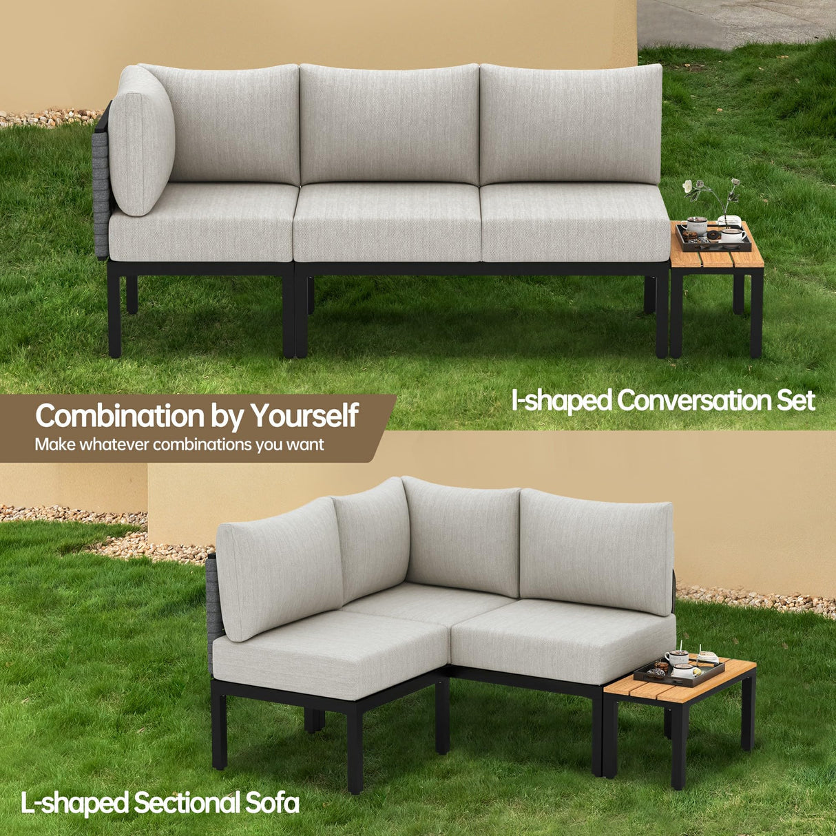 PIZZELLO 4 Piece Patio Conversation Set, Outdoor Sectional Furniture with Loveseat, Single Chair, and Coffee Table, for Porch, Deck, 6" Washable Cushions, Beige PIZZELLO