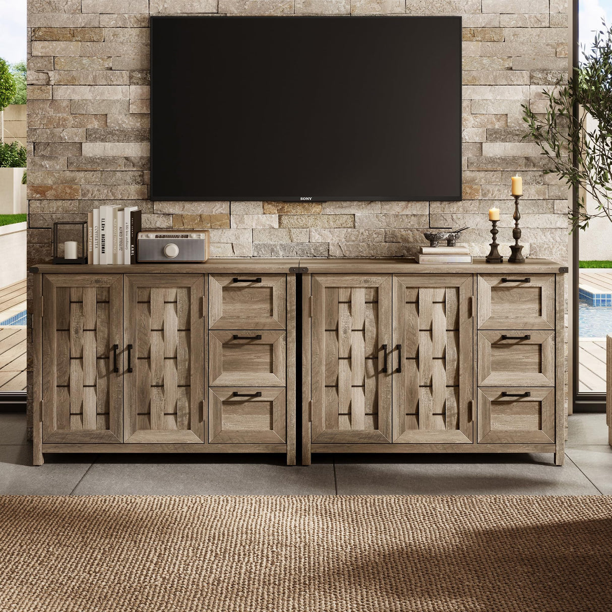LINSY HOME Farmhouse Sideboard Buffet Cabinets, 43" W Coffee Bar Storage Cabinets with 3 Drawers and 2 Doors, Rustic Accent Cabinet for Dining Room, Kitchen, Home Bar and Living Room, Light Brown LINSY HOME