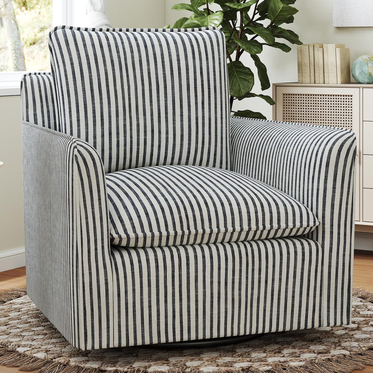 INZOY Swivel Accent Chair, Upholstered Square Chair, Swivel Barrel Reading Chair with Thick Padded Backrest Cushion, Arm Chair for Living Room Bedroom Small Spaces, Blue Stripe INZOY