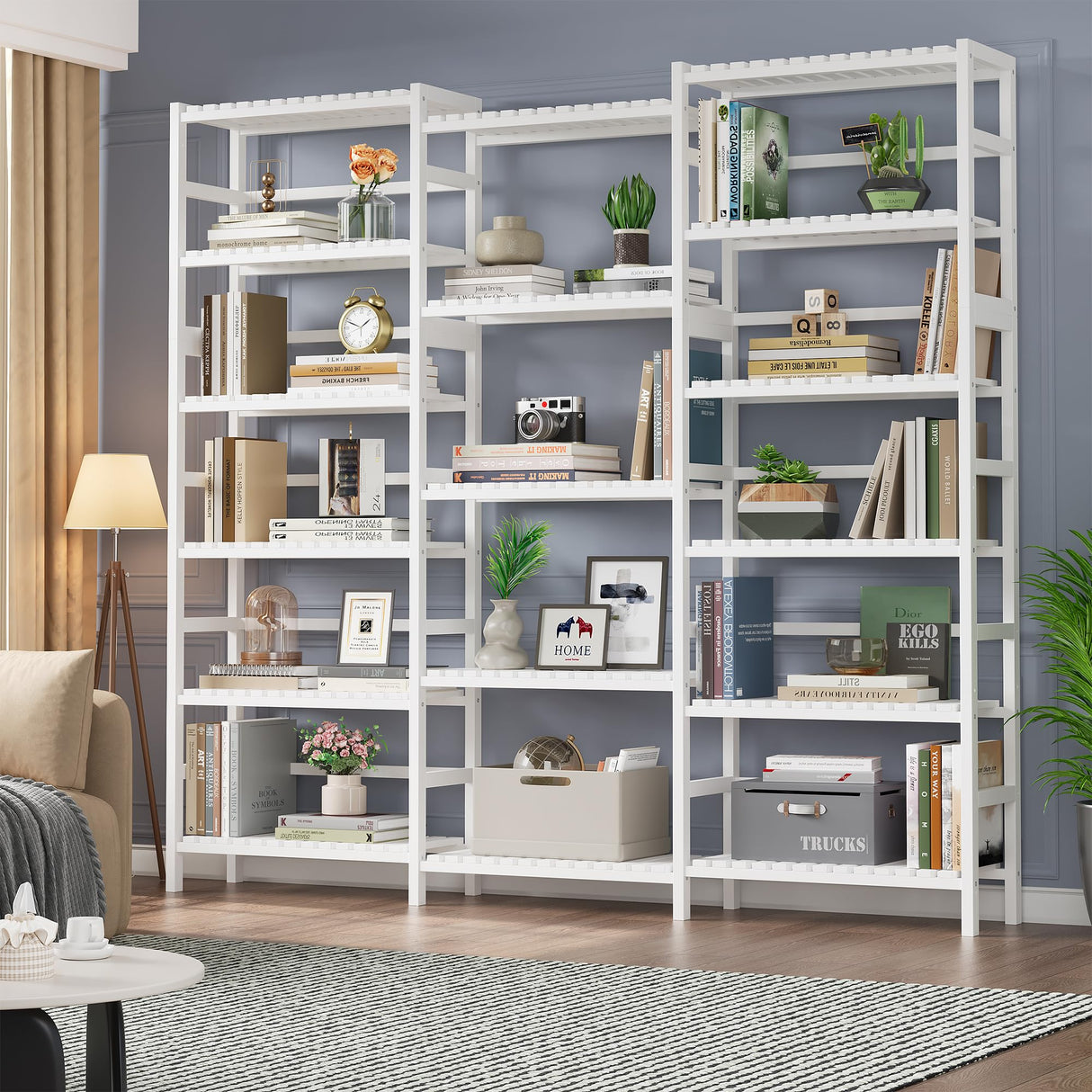 FOTOSOK Triple Wide 6-Tier Bookshelf and Bookcase,Large Freestanding Book Shelf with 17 Open Display Shelves, Tall Bookshelf Plant Flower Shelf Rack Storage Organizer Unit for Living Room, White FOTOSOK