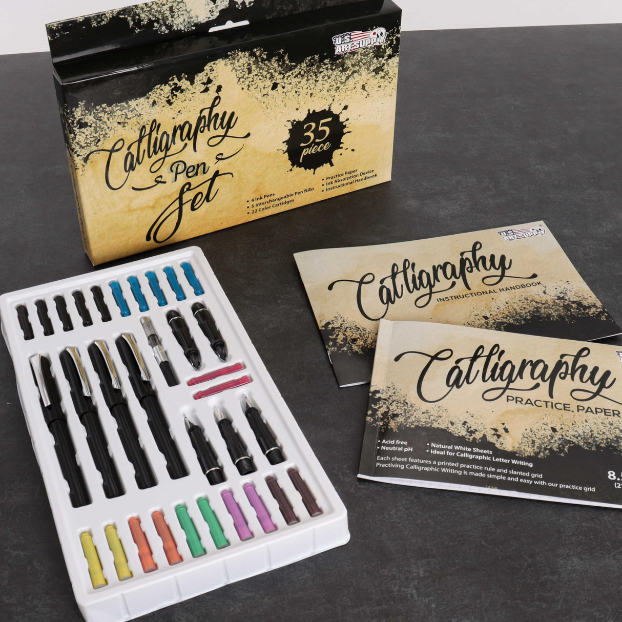 U.S. Art Supply 35-Piece Calligraphy Pen Set - 4 Pens, 5 Nibs, 22 Inks, Includes Calligraphy Pens for Writing, Beginners Handbook & Practice Paper Pad U.S. Art Supply