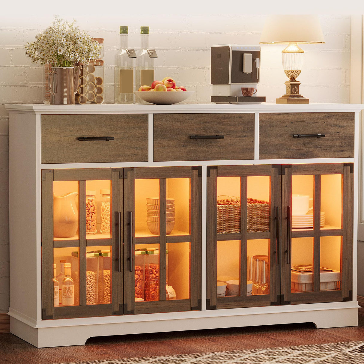 IRONCK Buffet Cabinet with Storage, 55" Large Sideboard Buffet Storage Cabinet with LED Lights, Farmhouse Coffee Bar Wood Liquor Cabinet for Kitchen, Dining Room, White and Oak IRONCK