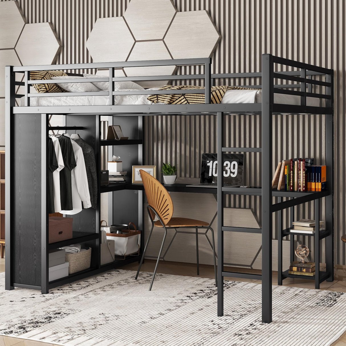 Metal Queen Size Loft Bed with Desk and Wardrobe,Heavy Duty Loft Bed Frame with Storage Shelves for Kids,Teens,Adults, Space Saving,Black Bellemave