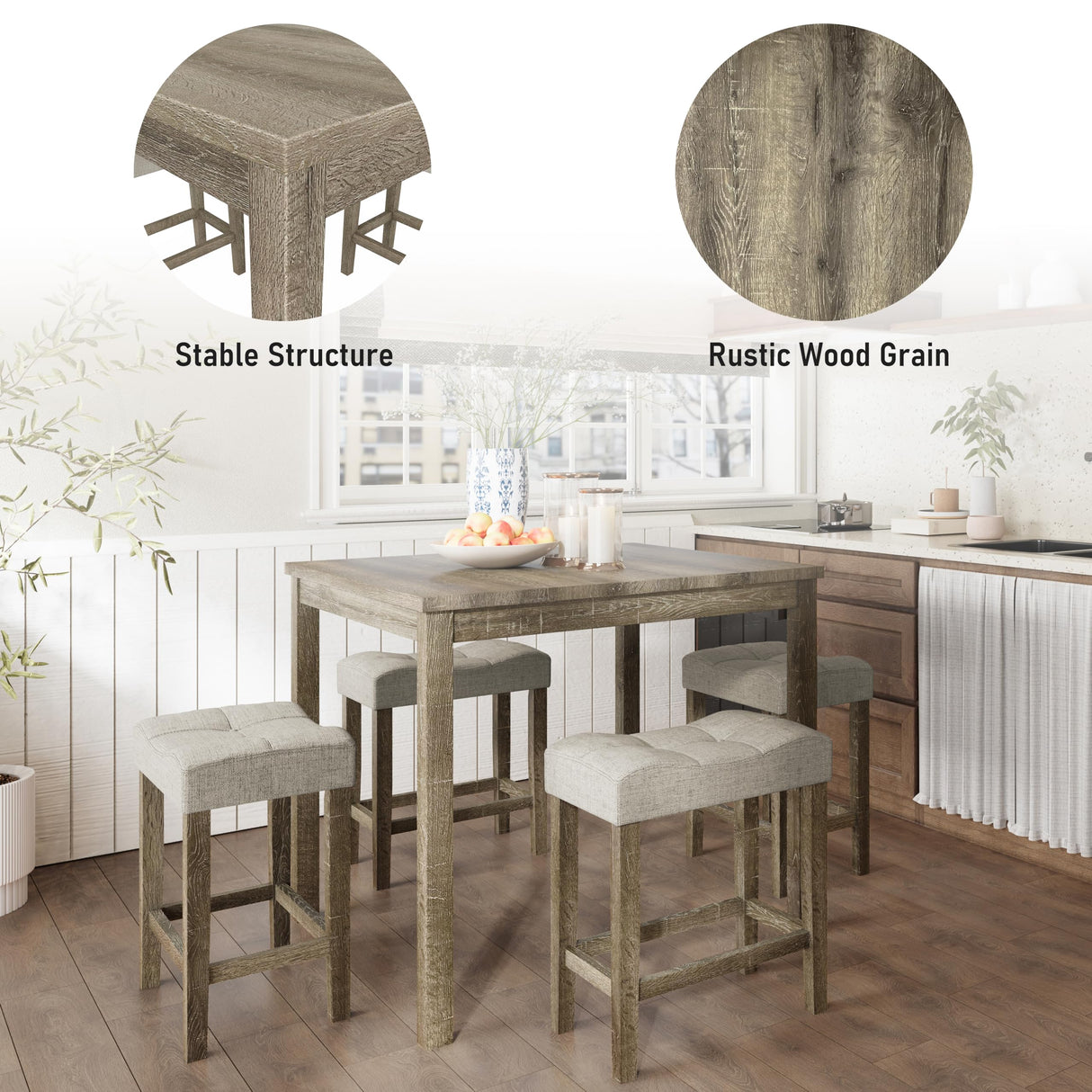 Allamazing Modern 5-Piece Rectangular Counter Height Dining Table Set in Natural Finish allamazing