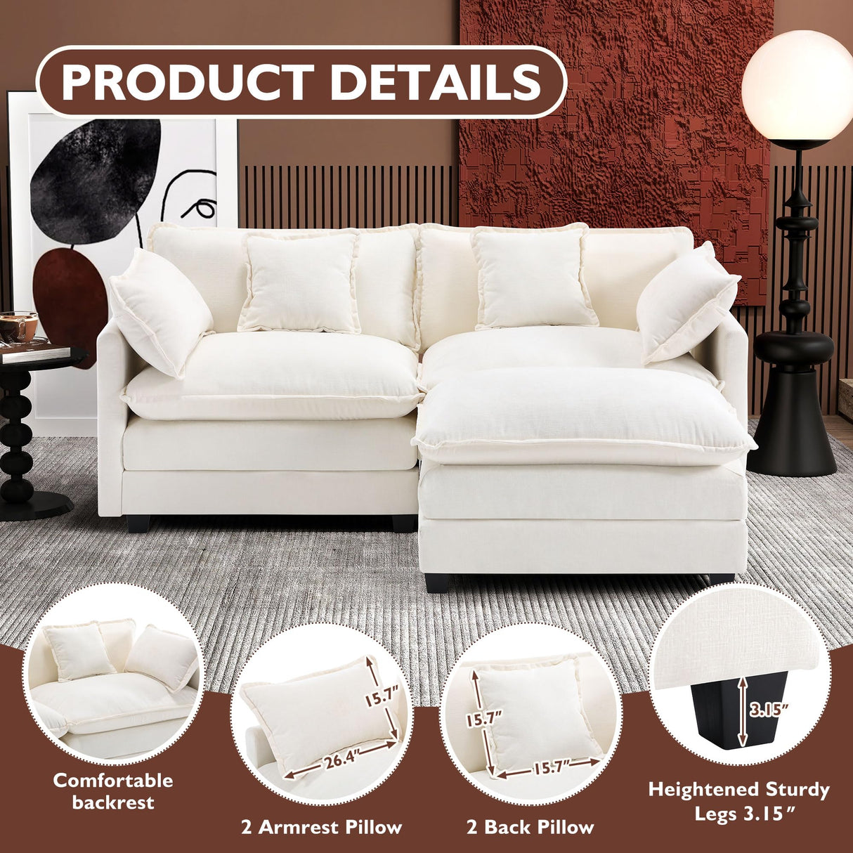 Ihanherry 77" L Shaped Modern Sofa Modular Sectional Cloud Couch with Ottoman, 3-Seat Chenille Deep Seat Sofa with Pillow for Living Room, Bedroom and Apartment, Beige Ihanherry