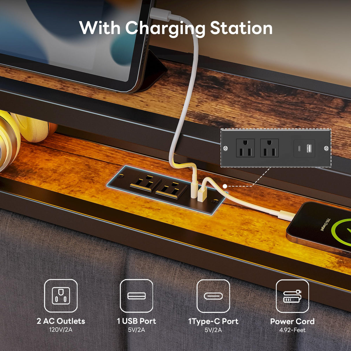 LIKIMIO Corner Bed Frame Twin Daybed with Storage Drawers, Metal Platform Bed Frame with LED Light, Charging Station & Fabric Upholstered Fence, Black LIKIMIO