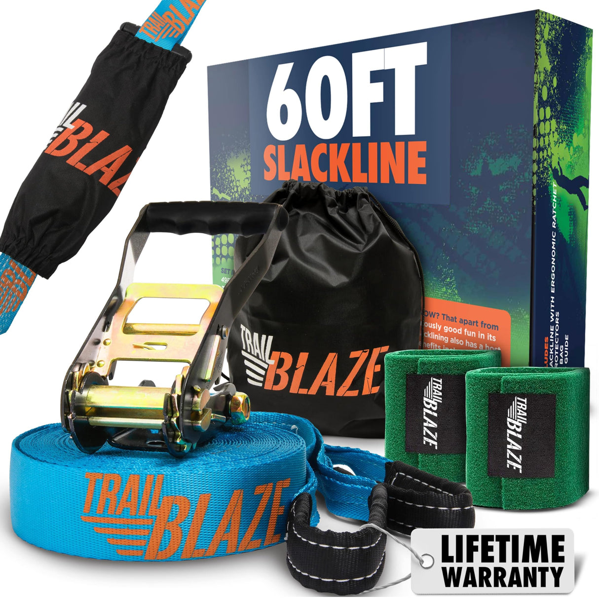 Complete Ninja Slackline Kit - 60ft Long Slack Line for Backyard for Kids & Adults with Ratchet Straps, Wider Tree Protectors - Slackline Kit for Ninja Warrior Obstacle Course for Kids Outdoor Playset Trailblaze