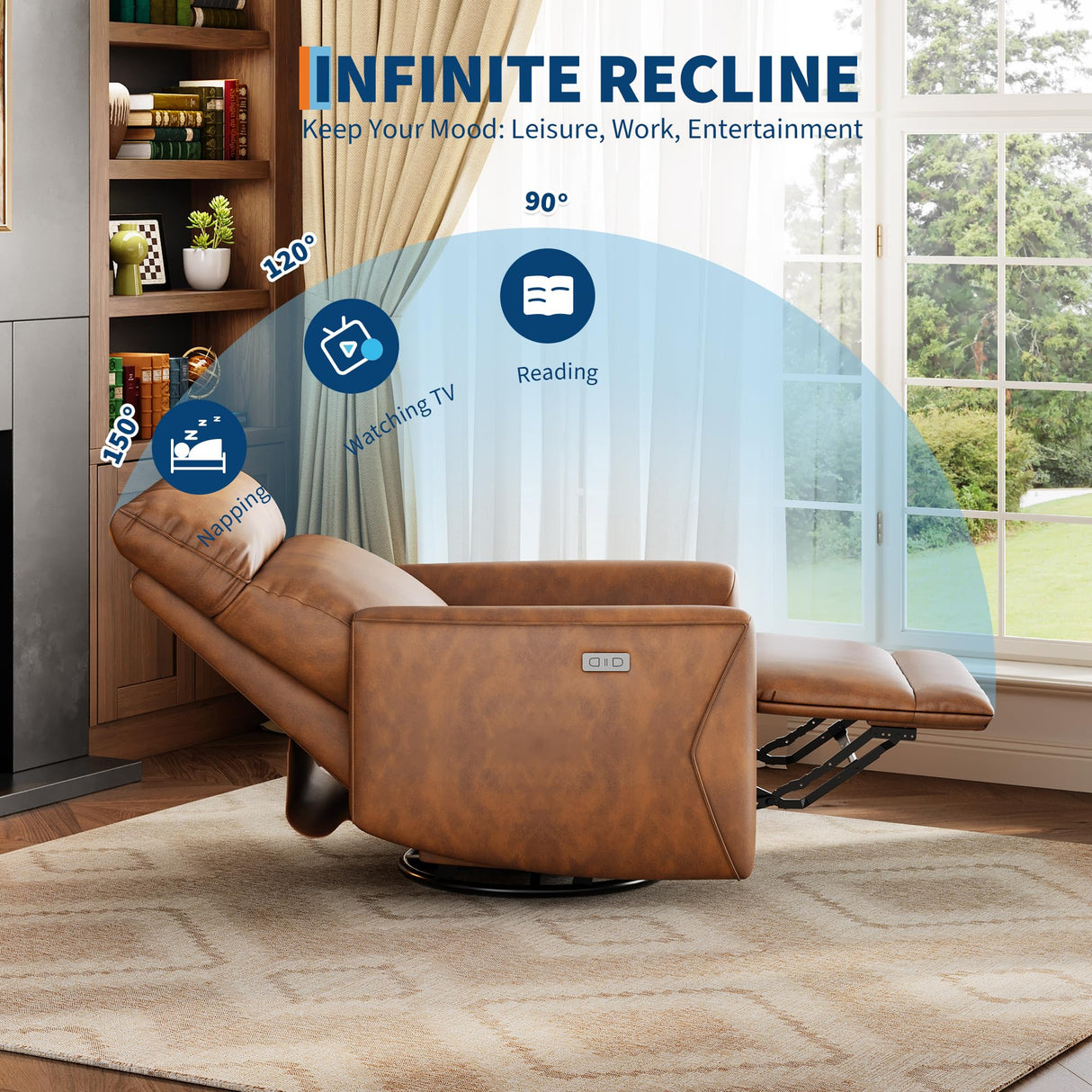 GarveeHome Power Recliner Chair, 270° Swivel Rocking Glider with USB Charging Port, PU Leather Upholstered Fabric, Ergonomic Modern Nursery Chair for Living Room, Bedroom, Nursery (Camel) GarveeHome