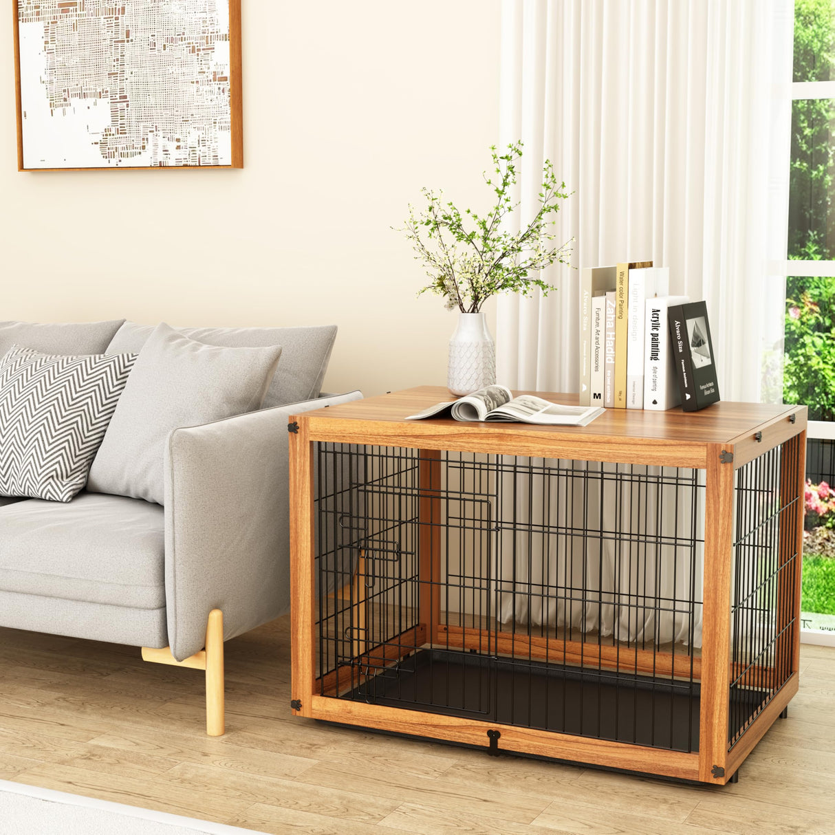 Dog Crate Furniture with Removable Top Cover, Wooden Crate with Tray, Dog Kennel Indoor for Small/Medium/Large Dogs(Light Brown, 37.4" L*25.9" W*25.8" H) Furnipeture