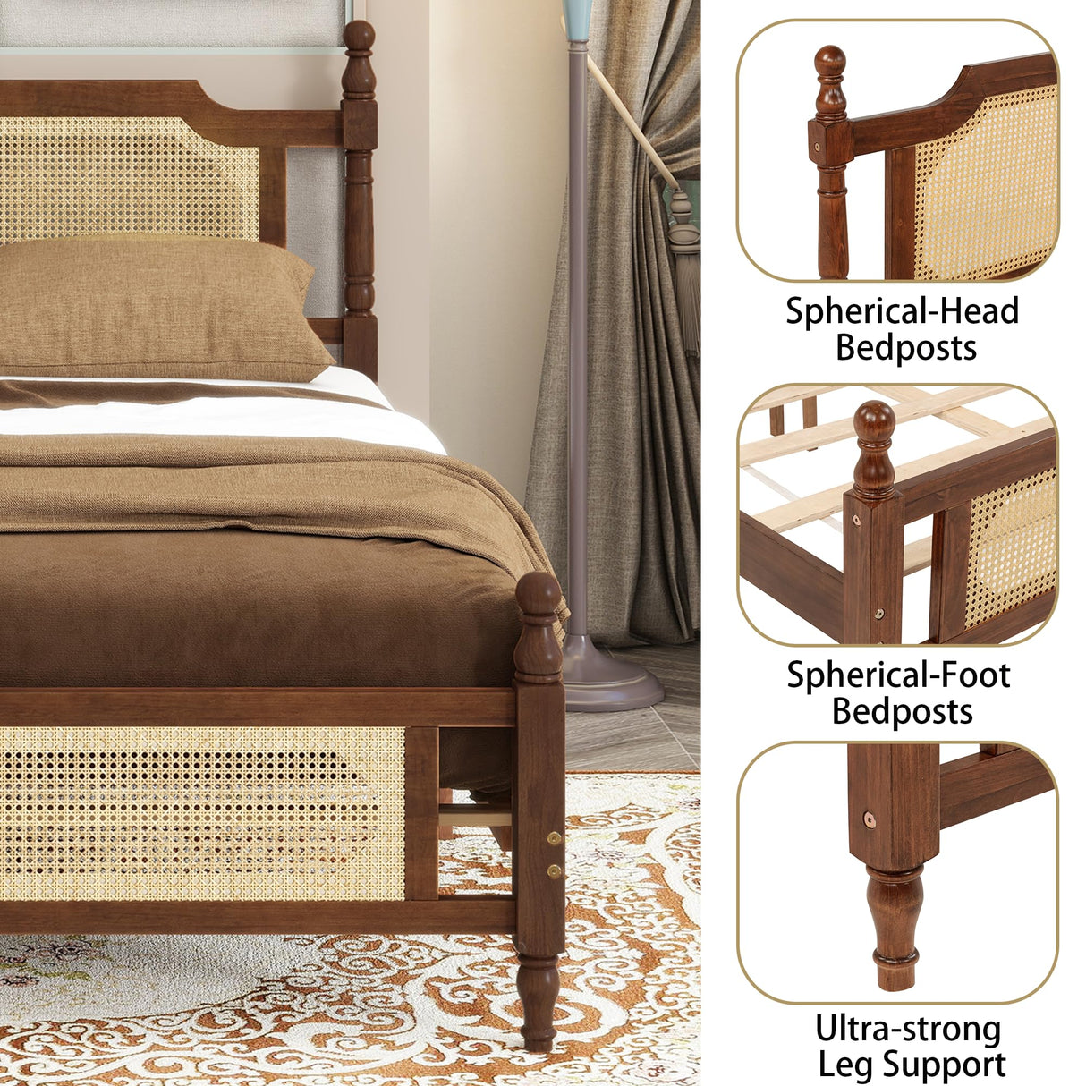 MoproBeti Queen Bed Frame with Rattan Headboard and Footboard, Rubber Wood Platform Bed Frame with Large Under Bed Storage,Boho and Mid Century Style, No Box Spring Needed, Easy Assembly,Walnut MoproBeti