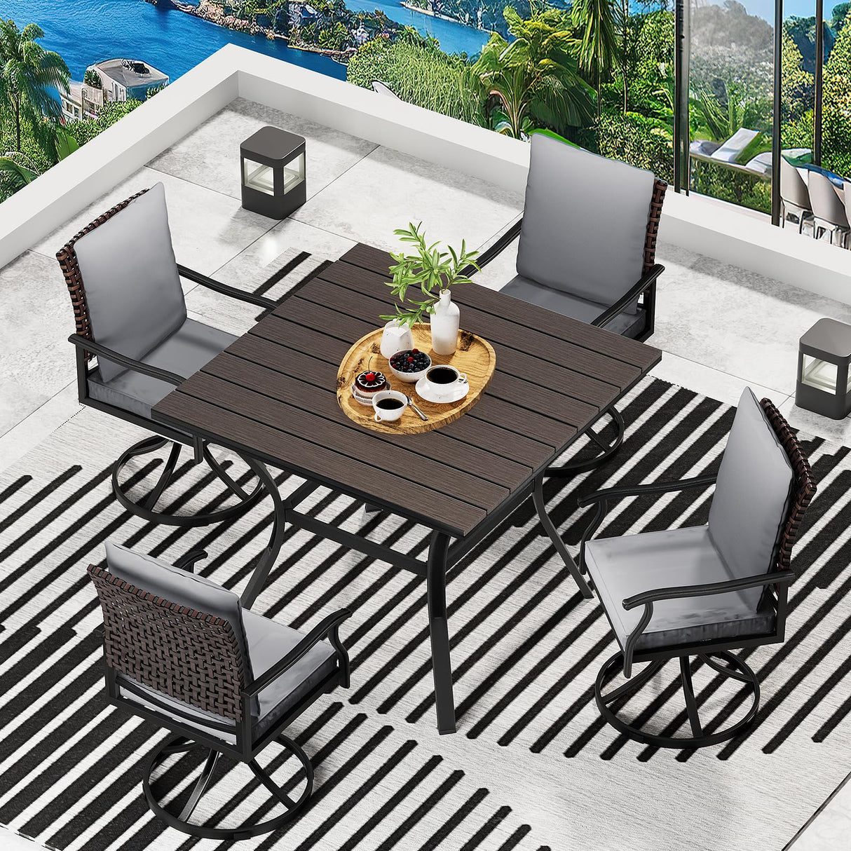 LEVELEVE 5 Piece Outdoor Patio Dining Set with 4 Swivel Dining Chairs & 1 Large Square Dining Table,Bistro Furniture Set for Lawn, Garden, Deck, Backyard and Porch LEVELEVE