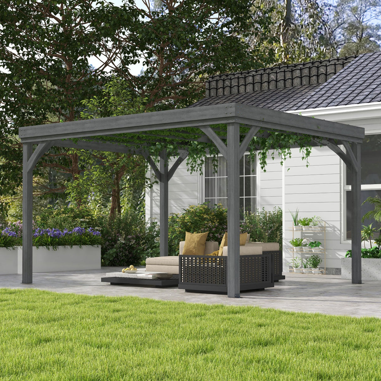 Outsunny 10' x 12' Outdoor Pergola, Wood Gazebo Grape with Concrete Anchors for Climbing Plant Support at Garden, Patio, Backyard, Deck, Gray Outsunny