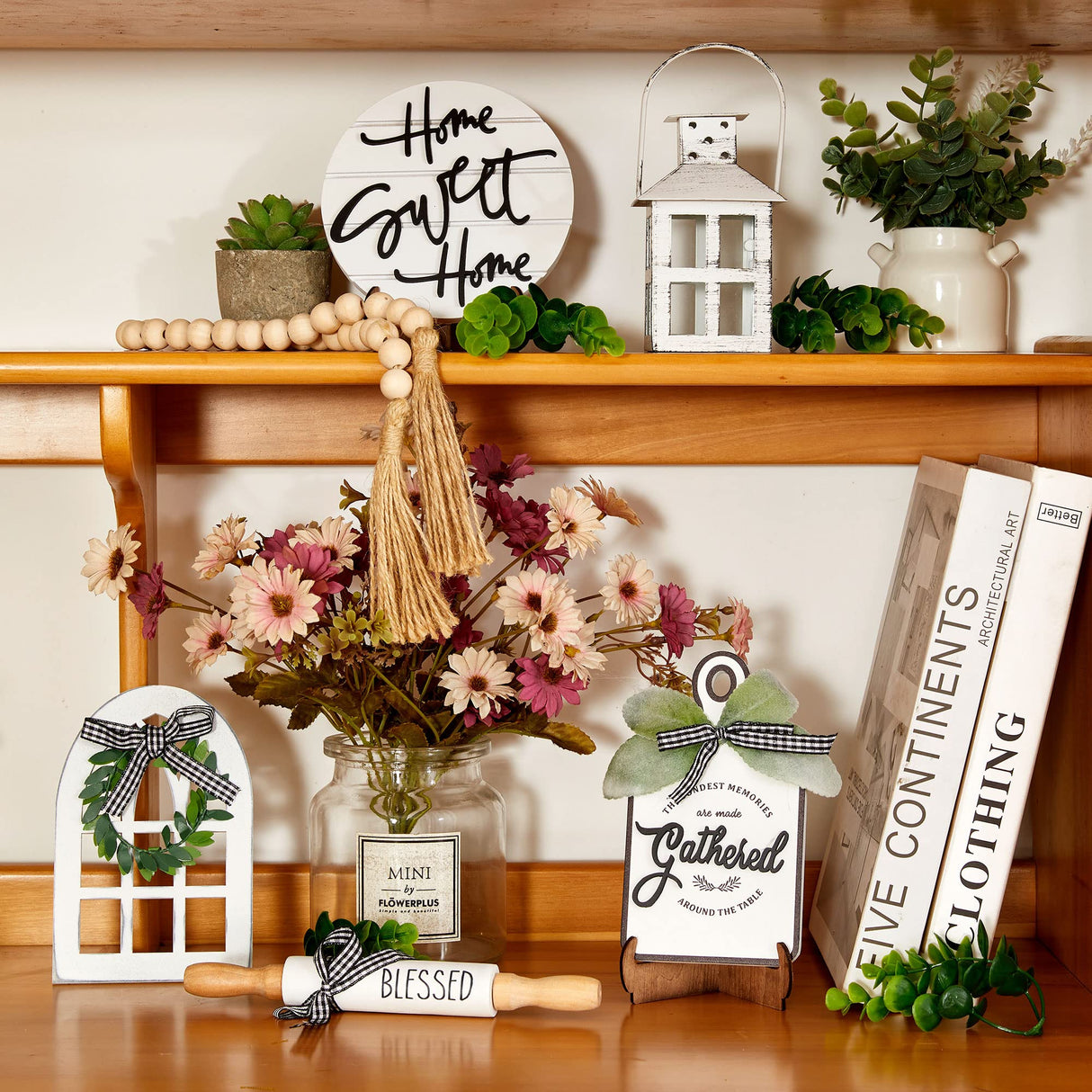 Houmury Set of 16 Farmhouse Tiered Tray Decor with 1 Lantern Artificial Plant& Cutting Board Sign for Rustic Home Kitchen Decor Tier Tray Decor Set (Tiered Tray Not Included) Houmury