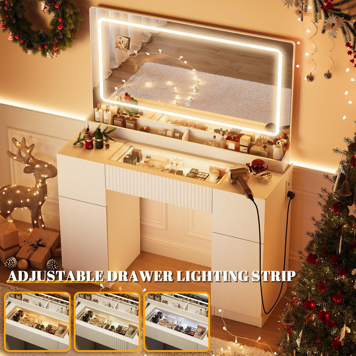 44" Vanity Desk with Large Mirror and Lights, Modern Glass Top Makeup Vanity Set with Power Outlet, 3 Drawers and 2 Cabinet, 3 Lighting Color Adjustable Dressing Table for Bedroom,Pure White INNOD