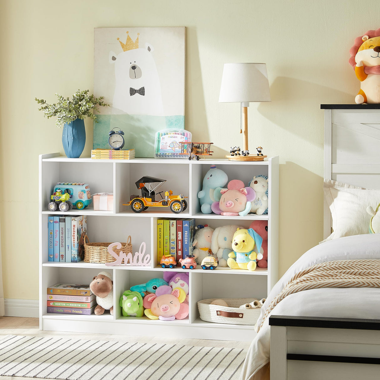 Elegant 3-Tier White Wooden Bookshelf with 8 Sections and Anti-Tilt Device Onirw