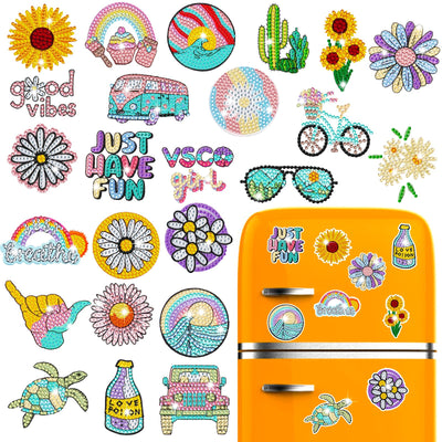 ZYNERY 24 Pcs Summer Magnets, Refrigerator Magnets Sunflower Beach Art, Mini Diamond Painting Kits, Decorative Magnets 5D Diamond Painting for Adults Home Decor DIY Crafts Gift