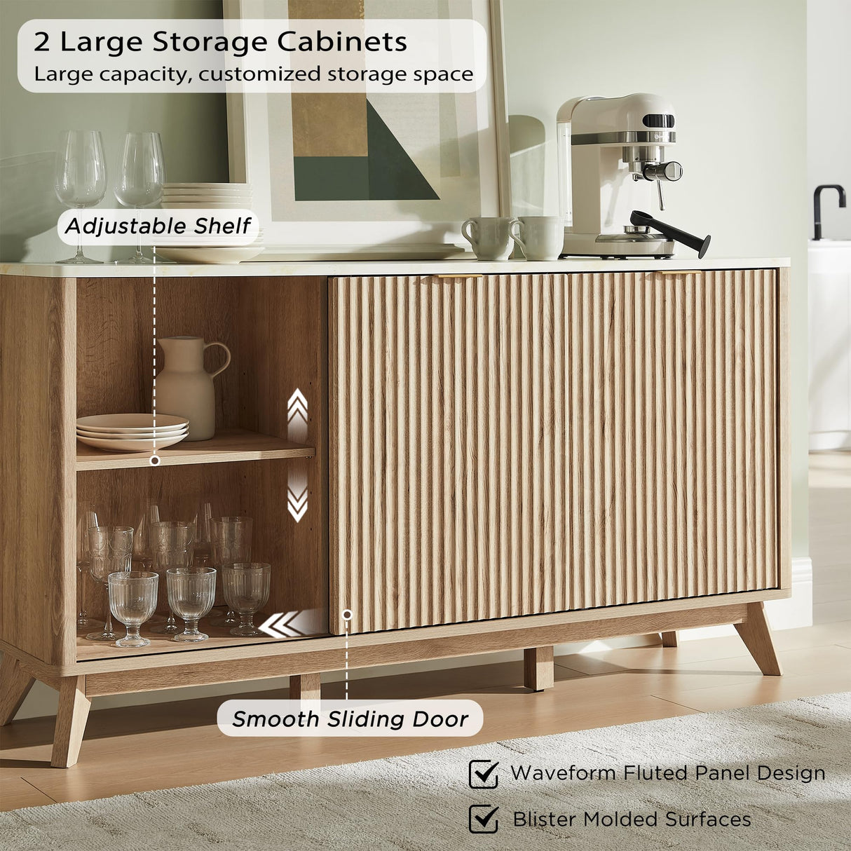 T4TREAM Fluted Buffet Cabinet, 60" Modern Sideboard with Sliding Doors & 4 Drawers, Coffee Bar Table with Storage, Faux Marble Top and Curved Profile Design for Dining Room, Living Room, Natural Oak T4TREAM