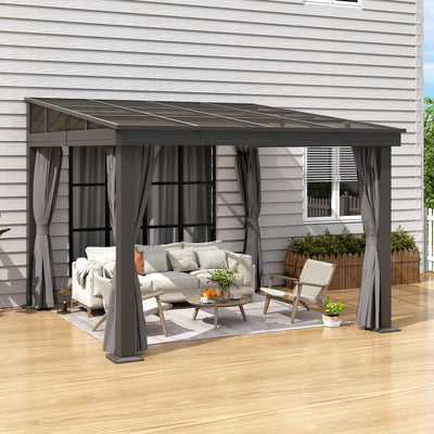 Raysfung 10' x 10' Wall Mounted Gazebo, Lean to Gazebo with Aluminum Frame, Polycarbonate Hardtop Gazebos Pergola with Sloping Roof for Outdoor, Backyard, Patio
