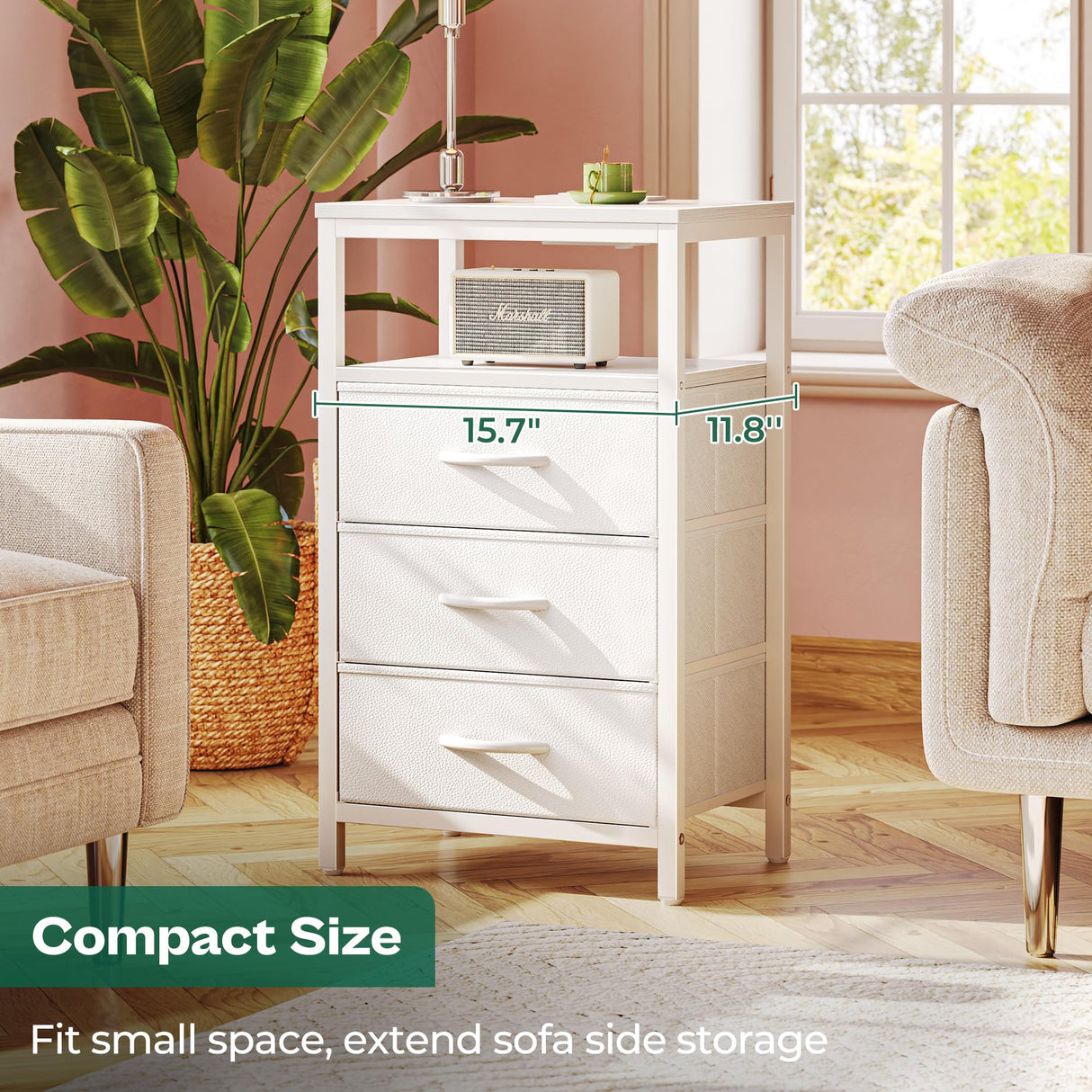 Huuger Nightstand with Charging Station, 27.6 Inch Side Table with Drawers, PU Leather Finish, End Table Bedside Table with USB Ports and Outlets, Night Stand for Bedroom, White Huuger