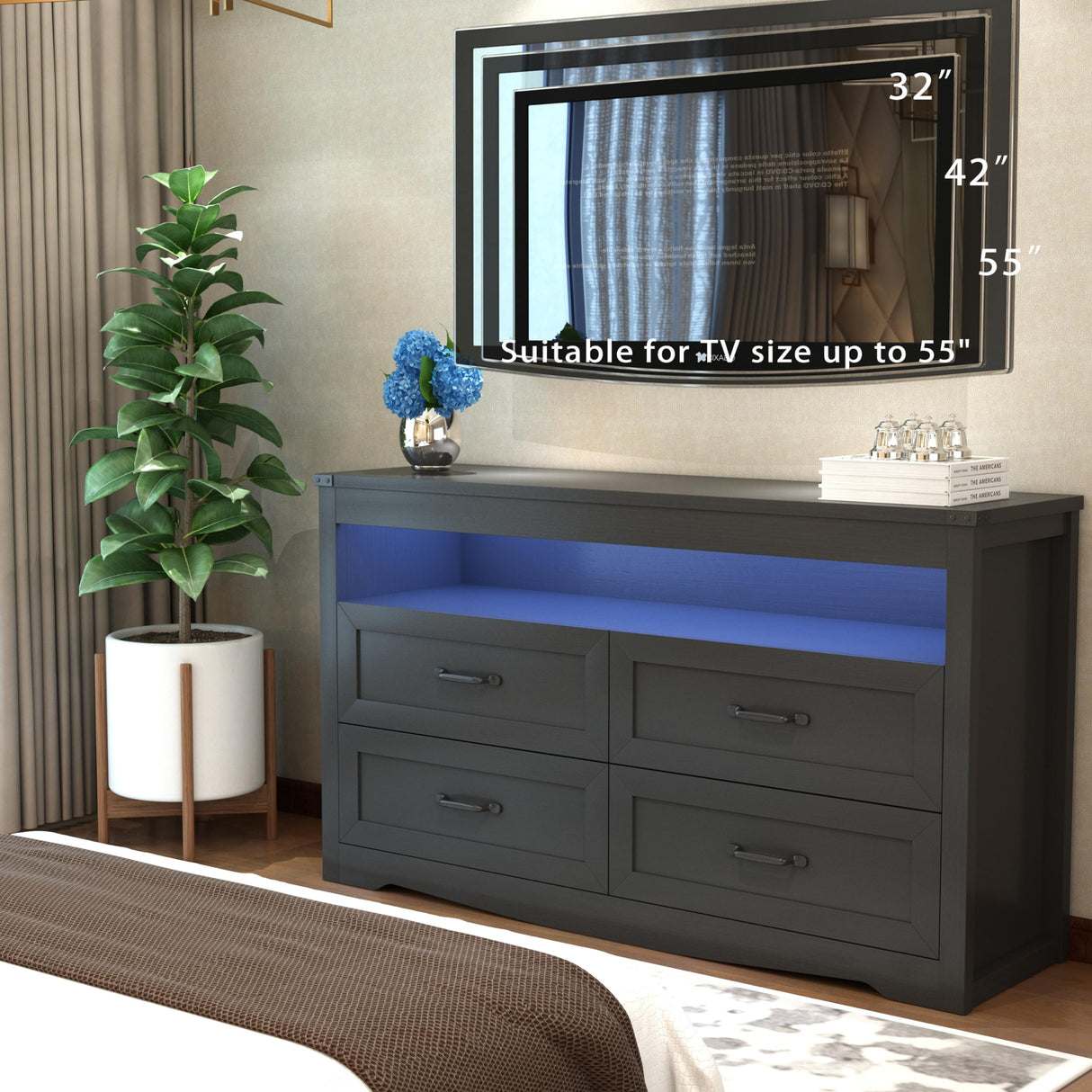 Wodeer 4 Drawer Dresser Chests with LED Light,Wide Chest of Drawers with Metal Handles,Wood Dresser for Storage and Organization for Bedroom,Living Room, Nursery,Hallway,Black Wodeer