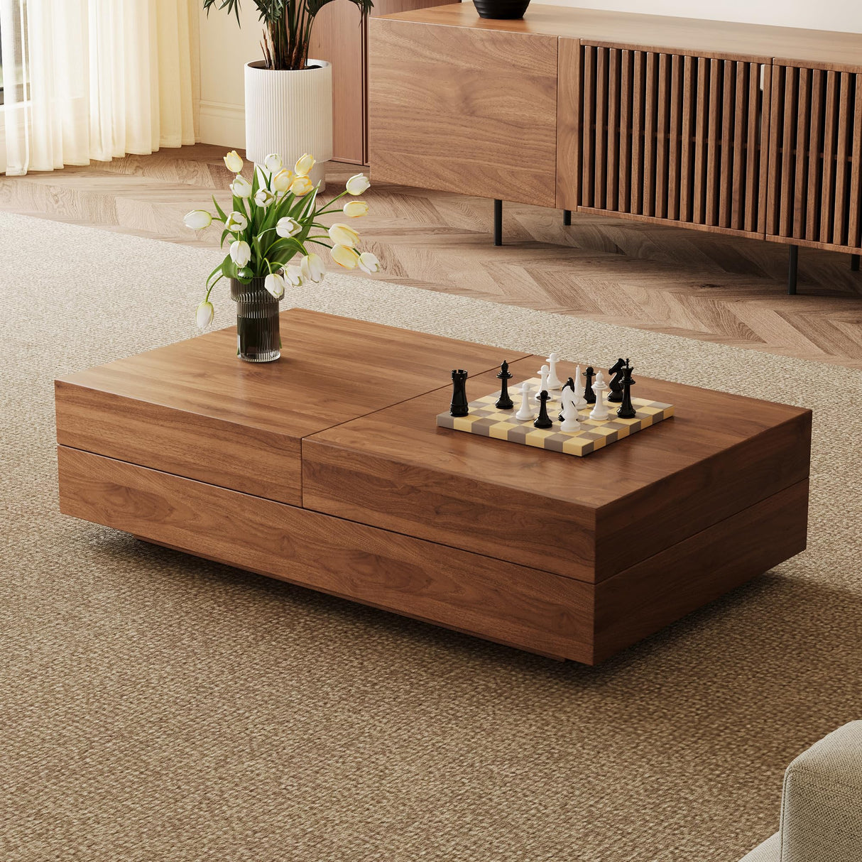 gaoyangjiaju Mid-Century Expandable Coffee Table with Storage – 47.2"-81.9" Adjustable Center Table for Living Room, Walnut Wood Finish gaoyangjiaju