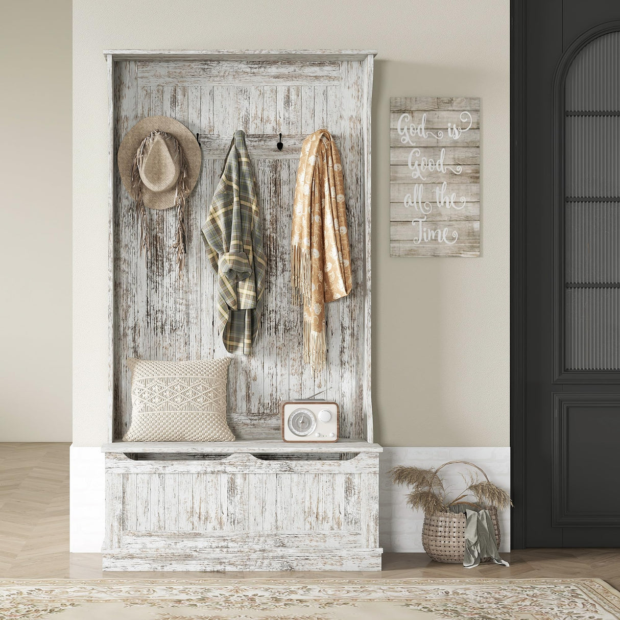 HOMCOM 3-In-1 Hall Tree with Shoe Storage, Standing Coat Rack with Shoe Bench, Entryway Organizer with Five Hooks, Distressed White HOMCOM