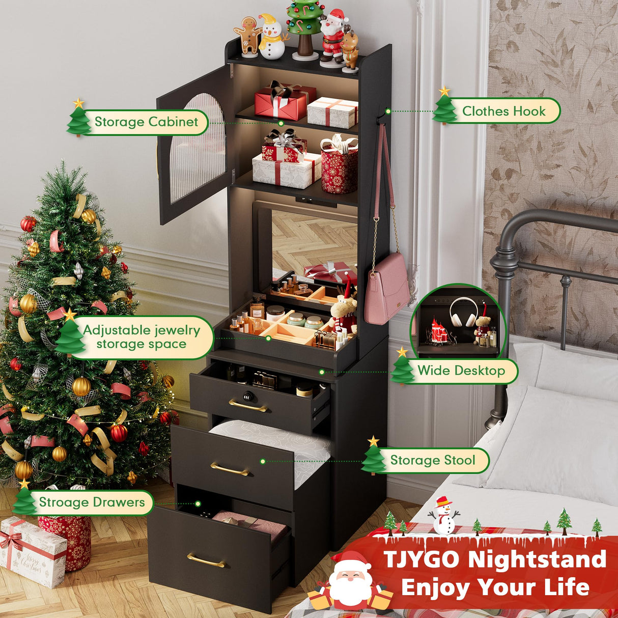 NUNU LAB 3 in 1 Vanity Desk with Mirror and Lights, Tall Makeup Vanity Set with Flip-up Mirror, Jewelry Box, Charging Station, LED Vanities Dressing Table for Small Spaces Bedroom Checkroom NUNU LAB