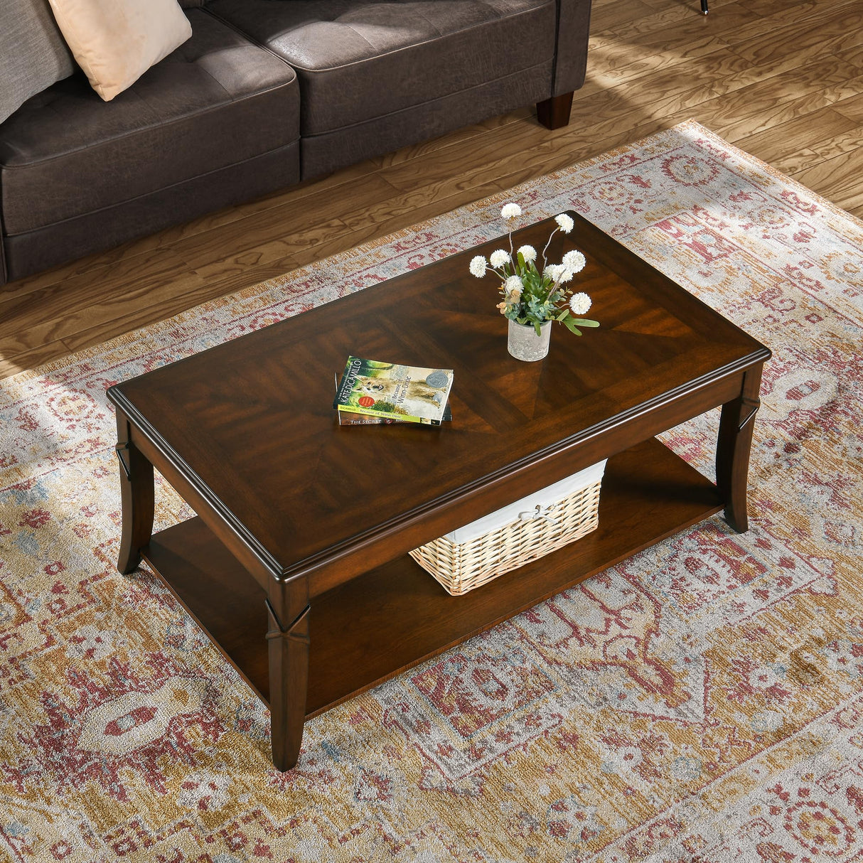 VERDANTREE Solid Wood Coffee Table with Storage Shelf, Mid-Century Living Room Tables with Carved Tabletop and Leg, 43.3” Splicing Cocktail Center Sofa Table, Cherry Brown KFZ-DR200 VERDANTREE