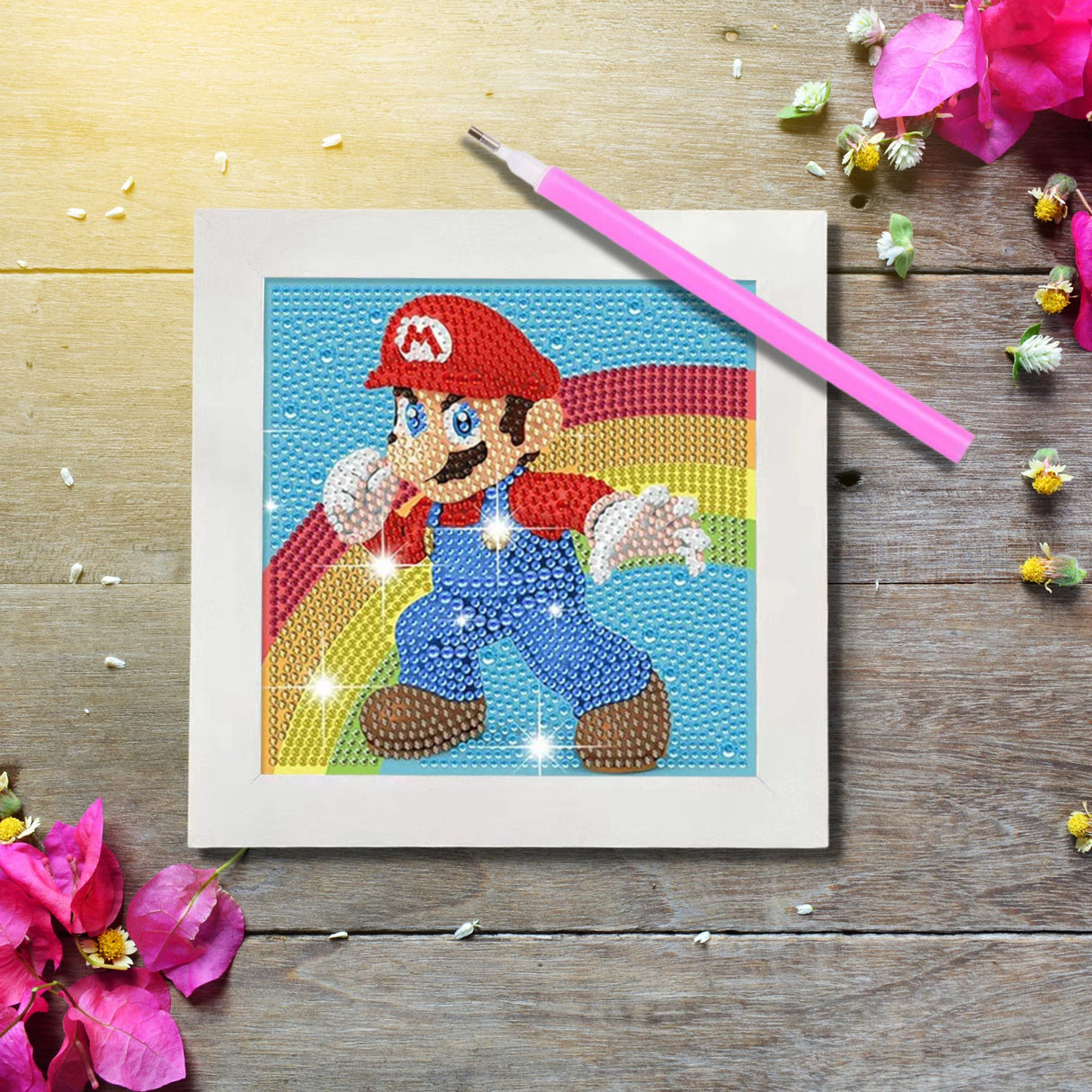 USACRAFT Cute Diamond Painting Kits Large 7x7 Natural Wooden Frame, Mosaic Kits, Sparkling Crystal Gems, Pen, Arts & Crafts Tray, Gum. Famous Characters.Art Painting Kit USACRAFT