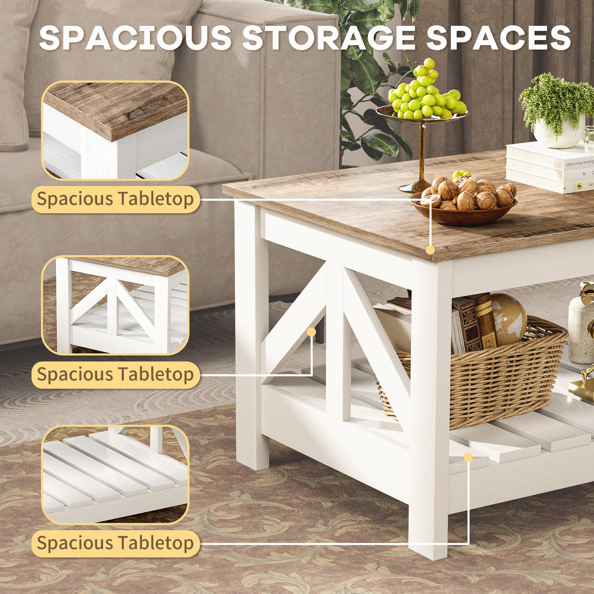 JUMMICO 39” Farmhouse Coffee Table for Living Room, 2-Tier Modern Living Room Table with Storage Shelf, Rustic Rectangular Center Table Space Saving Home Furniture (Rustic Oak & White) JUMMICO