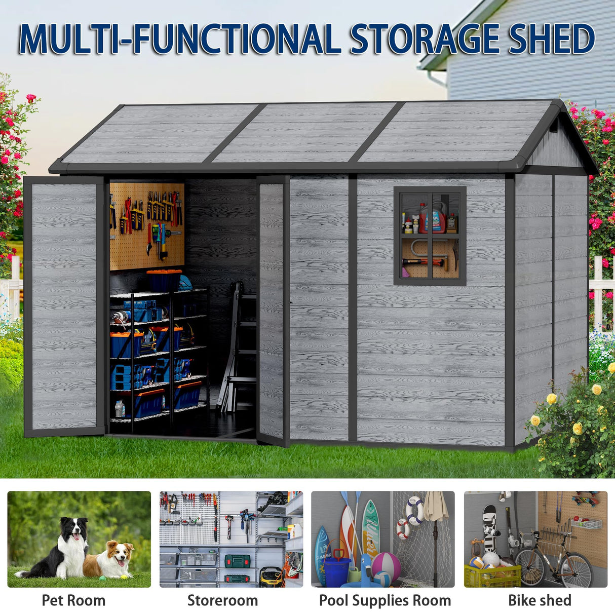 10x8 FT Resin Outdoor Storage Shed with Floor, Weather-Resistant Plastic Garden Shed with Windows, Lockable Door and Vents, Outside Tool Storage Sheds for Backyard, Garden, Lawn, Wood Grain Pipleo