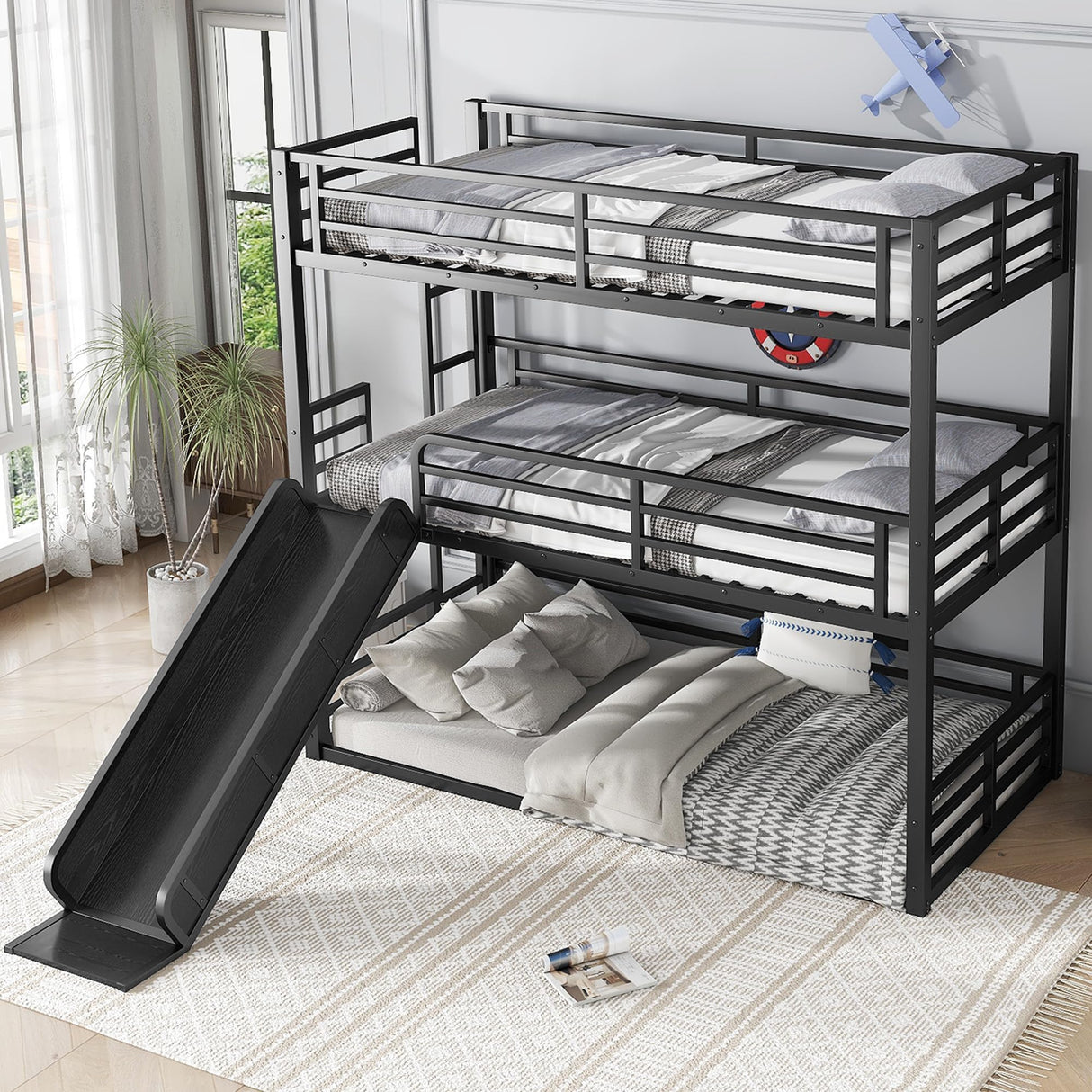 Mental Triple Bunk Bed with Slide, Twin XL Over Twin XL Over TwinXL Triple Bunk Bed with Safety Guardrails, Heavy-Duty Bunkbeds with Noise-Reduced Design, No Box Spring Needed, Black Harper & Bright Designs