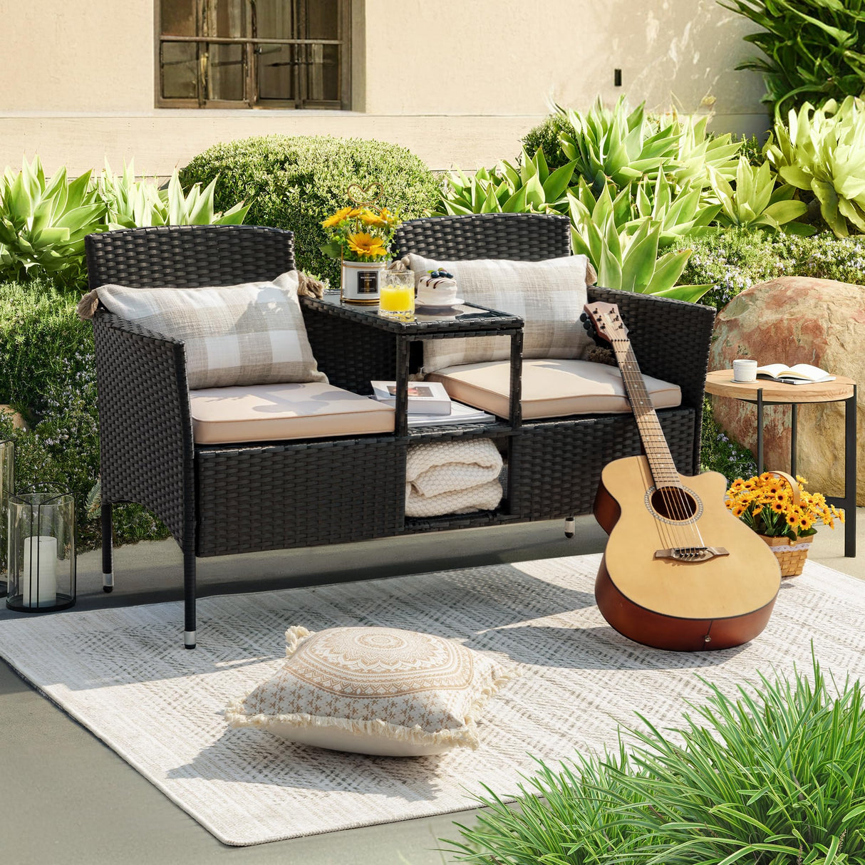 Devoko Outdoor Patio Loveseat Modern Rattan 2-Seat Patio Conversation Set with Cushions & Built-in Coffee Table Porch Furniture for Garden Lawn Backyard (Beige) Devoko