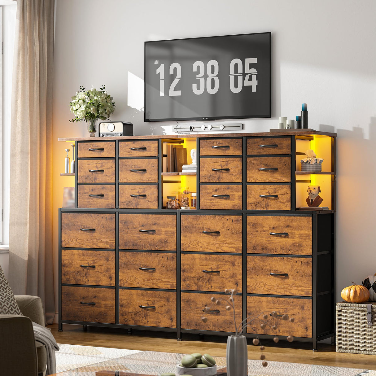 EnHomee Dresser for Bedroom with LED Lights, 12 Drawers Bedroom Dresser, Dresser and Tall Dresser with Open Shelves, Fabric Dressers & Chests of Drawers with Sturdy Metal Frame, Rustic Brown EnHomee