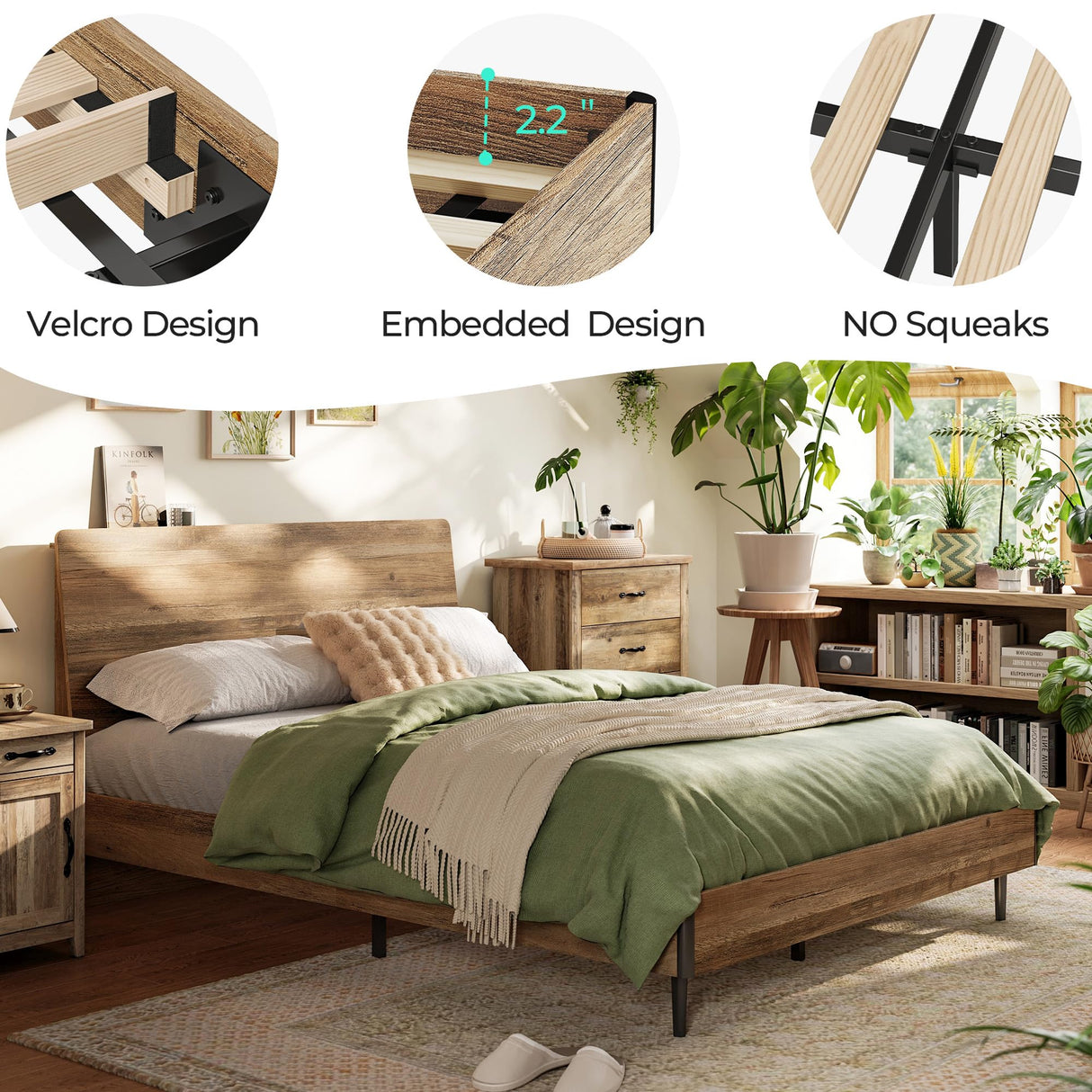 LINSY Wood Bed Frame, Full Bed Frame with Headboard LED, Wooden Platform Frames with Charging Station, No Box Spring Needed, Easy Assembly, Rustic Brown LINSY