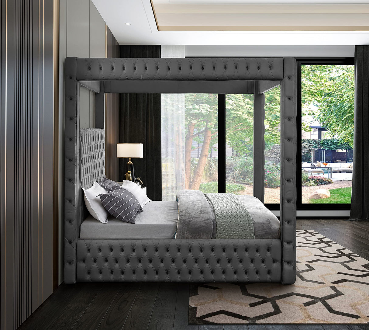 Meridian Furniture RoyalGrey-K Royal Collection Modern | Contemporary Velvet Upholstered King Bed with Soft Grey Velvet, Deep Elegant Tufting, Canopy, 86.5" W x 89" D x 87" H, Grey Meridian Furniture