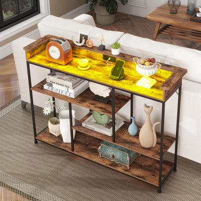 Welfuturer Console Table with Outlets and USB Ports 4Tier Sofa Table with LED Light and Open Shelves Industrial Entryway Hallway Side Table for Living Room Foyer Couch Hallway Rustic Brown