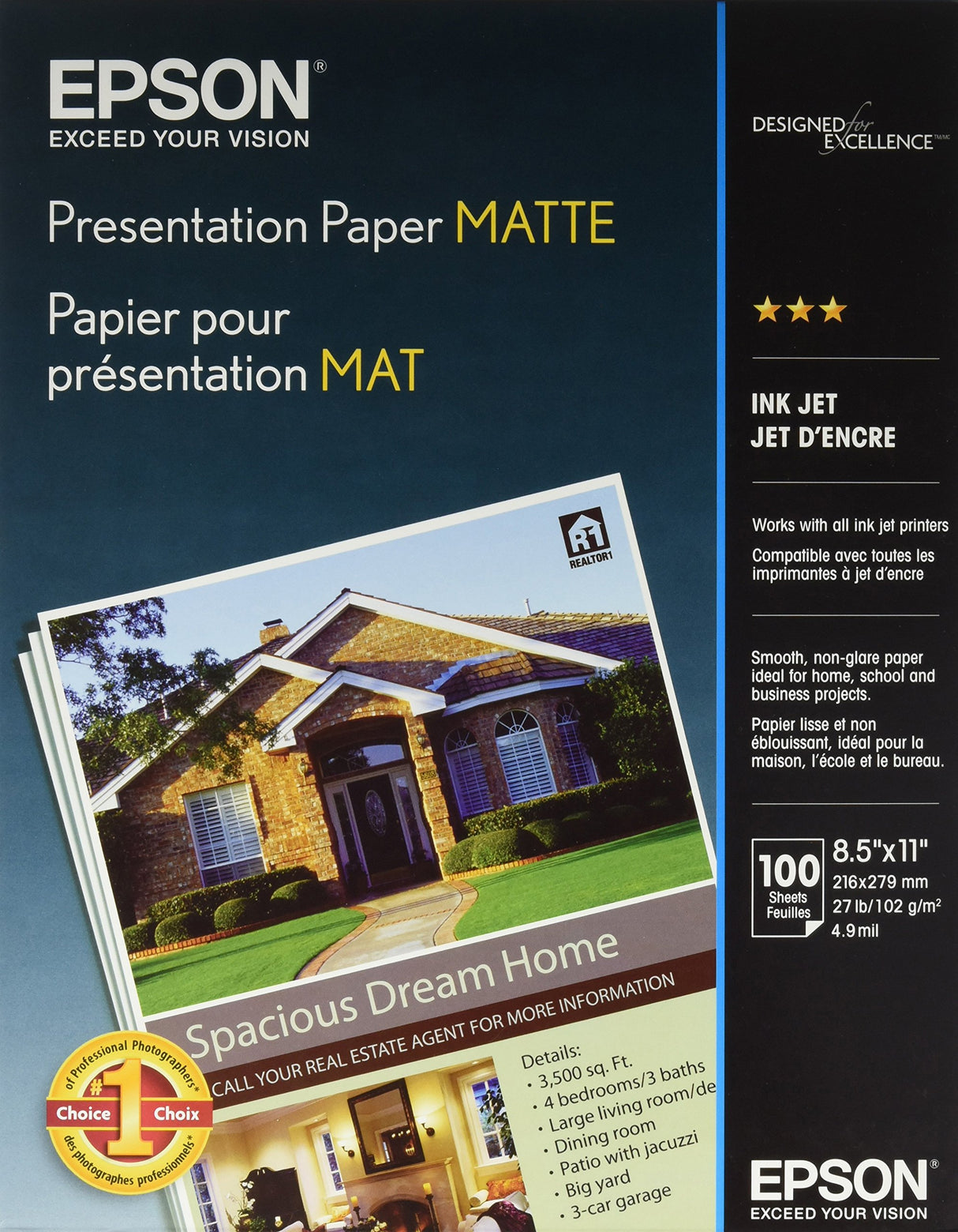 Epson Presentation Paper Matte, 8.5 x 11 Inch, 100 Count (S041062), White Epson