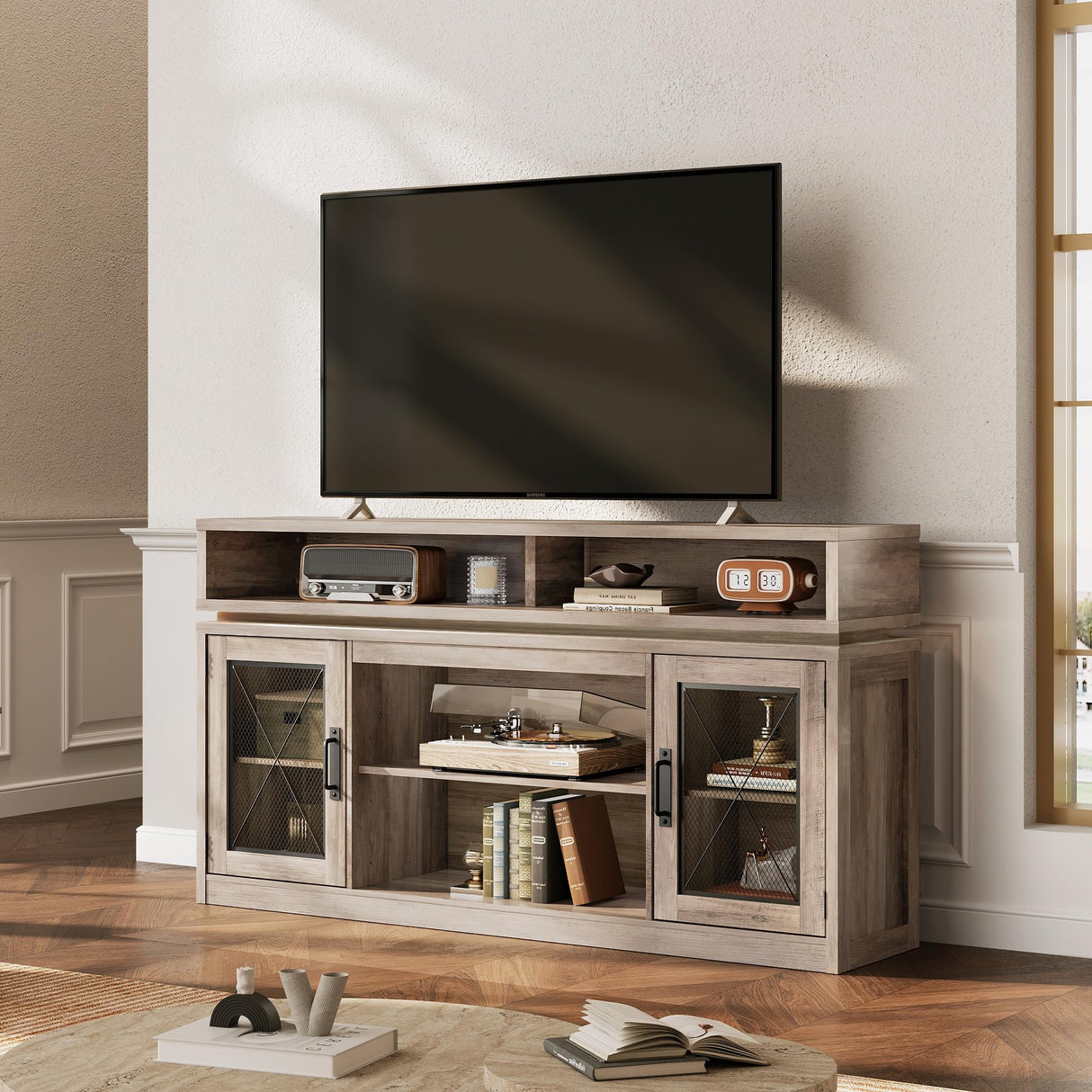 WLIVE TV Stand up to 65 Inch TV, 59" Entertainment Center with LED, Tall Farmhouse TV Media Console with Storage Cabinets for Living Room and Bedroom, Grey WLIVE