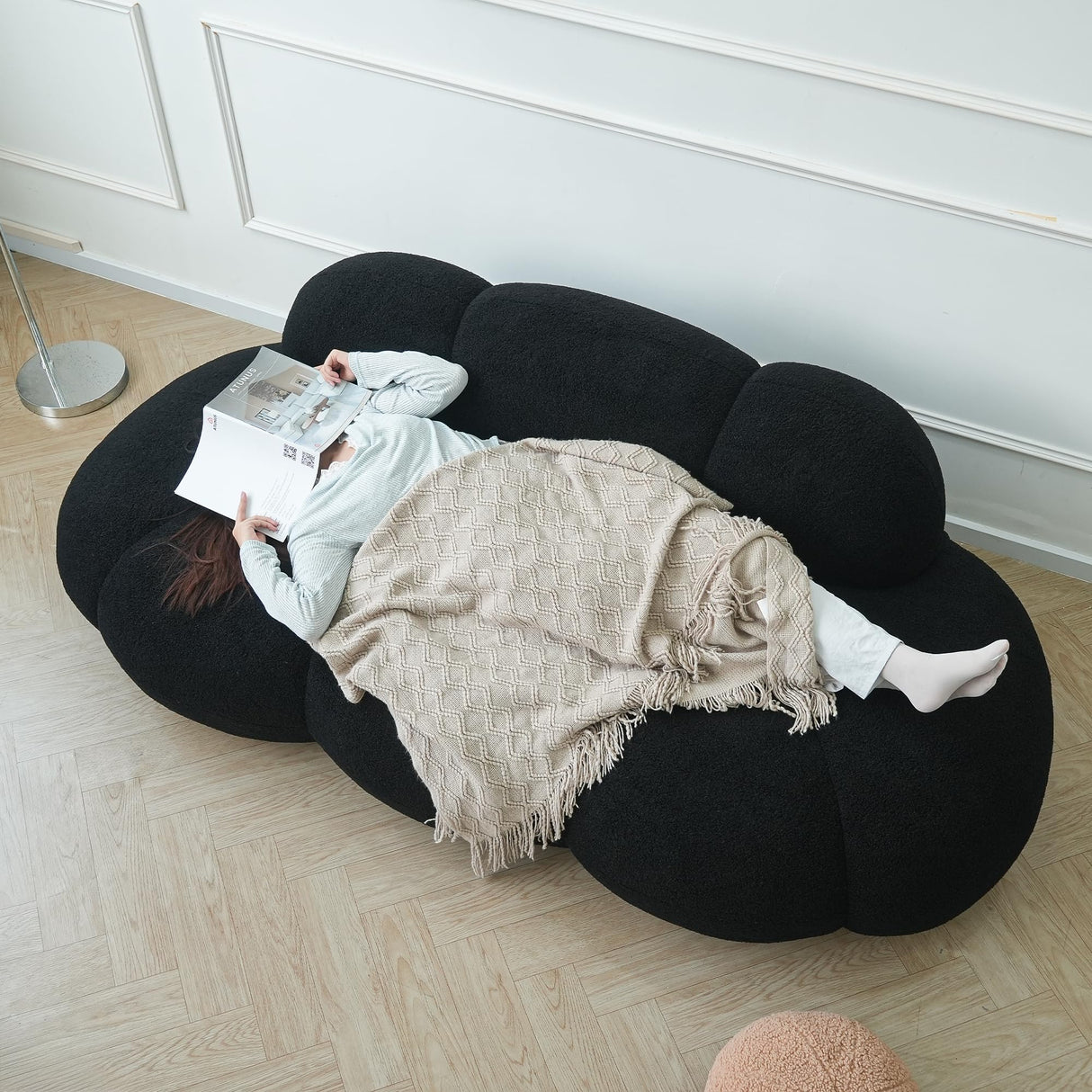 90" Modern Curved Cloud Shaped Couch for Living Room,Lazy Floor Couch, Boucle LoveSeat 3 Seater Sofa, Cozy Leisure Boneless Couches for Bedroom, Apartment-No Assembly Required (Black) WJShome