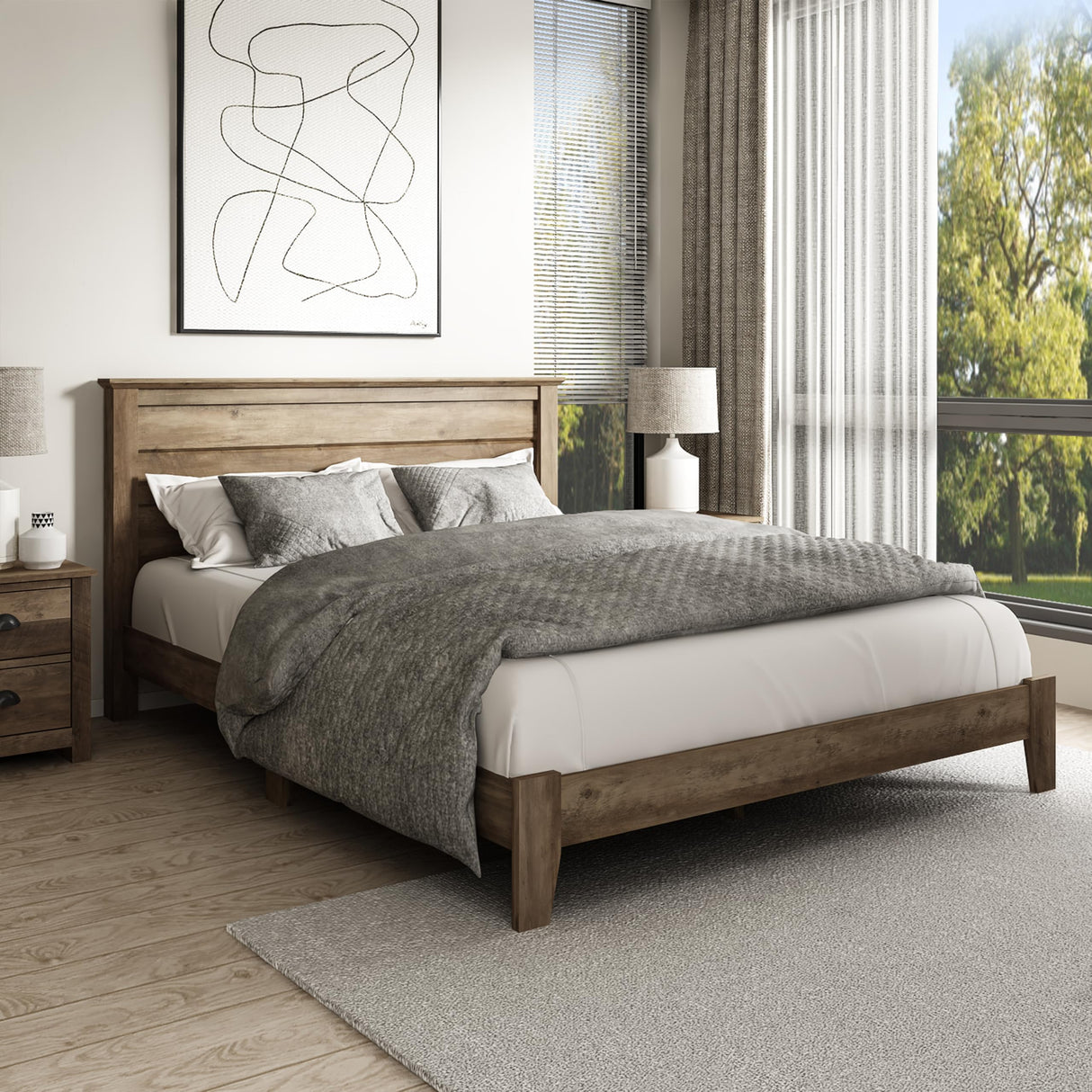 Galano Tiena Queen Bed Frame in Knotty Oak with Wooden Slat Support Galano