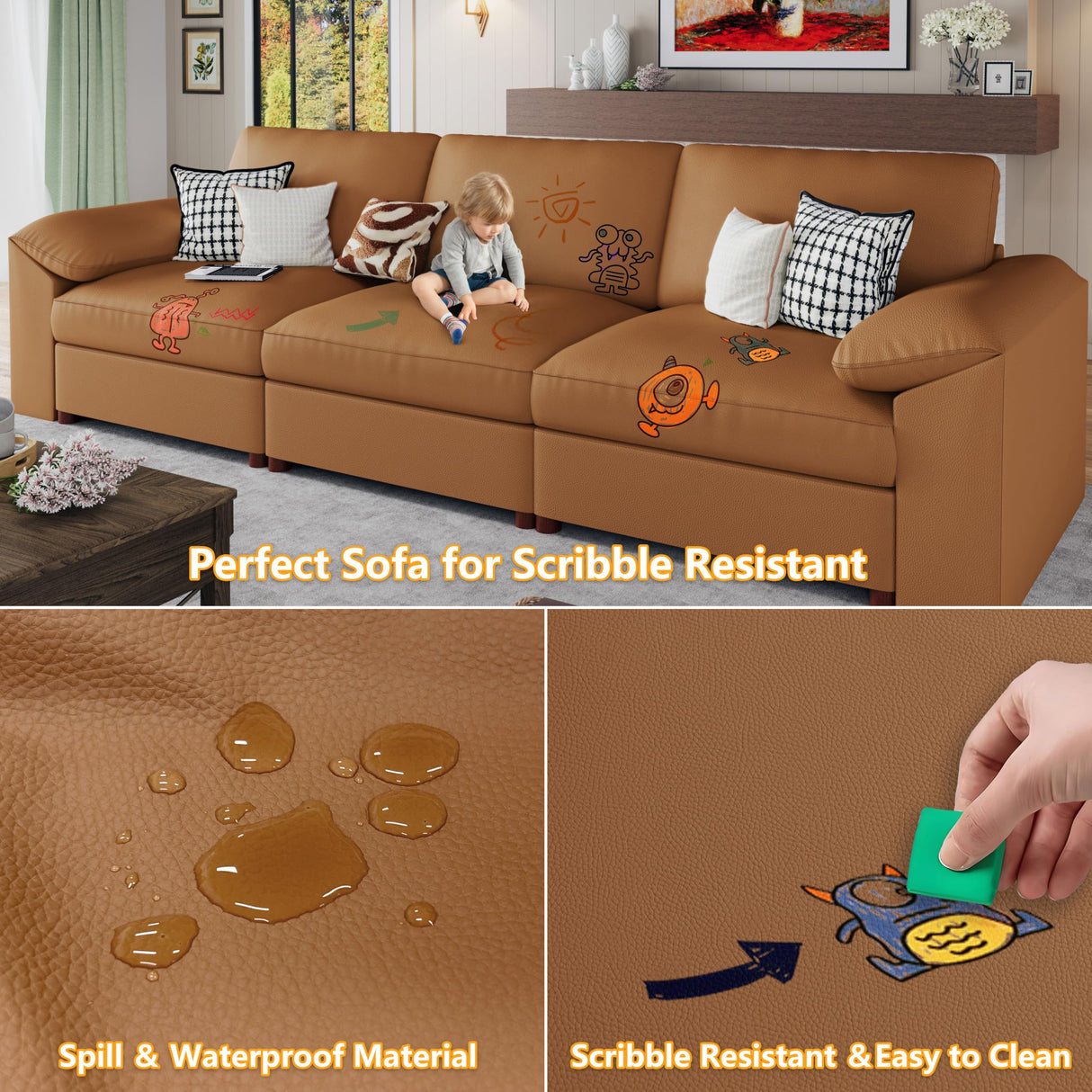 EASE MOOSE Loveseat Sofa for Living Room,Oversized Deep Seat Modular Sectional,Modern Comfy 2 Seater Sofas,Scratch Resistant Faux Leather Couch for Small Spaces, Brown EASE MOOSE