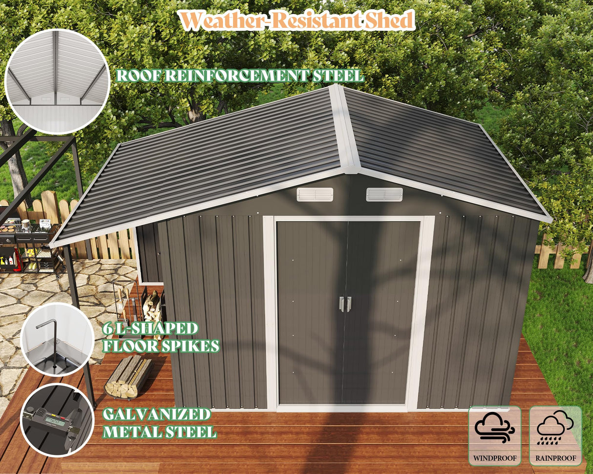 AMERLIFE 10.6x6.8x6.3 FT Galvanized Metal Storage Shed with Open Firewood Bay, Sliding Doors & Ramp, 2 Windows & Vents, Weather-Resistant Outdoor Tool/Garden Shed, Dark Gray AMERLIFE
