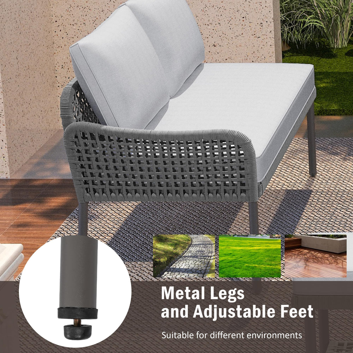 Merax 6 Piece Rope Patio Furniture L-Shaped Set, Outdoor Sectional Sofa Set with Acacia Wood Table with Ice Box, Rope Benches, Rope Conversation Set with Deep Seating & Thick Cushion for Couch,Grey Merax