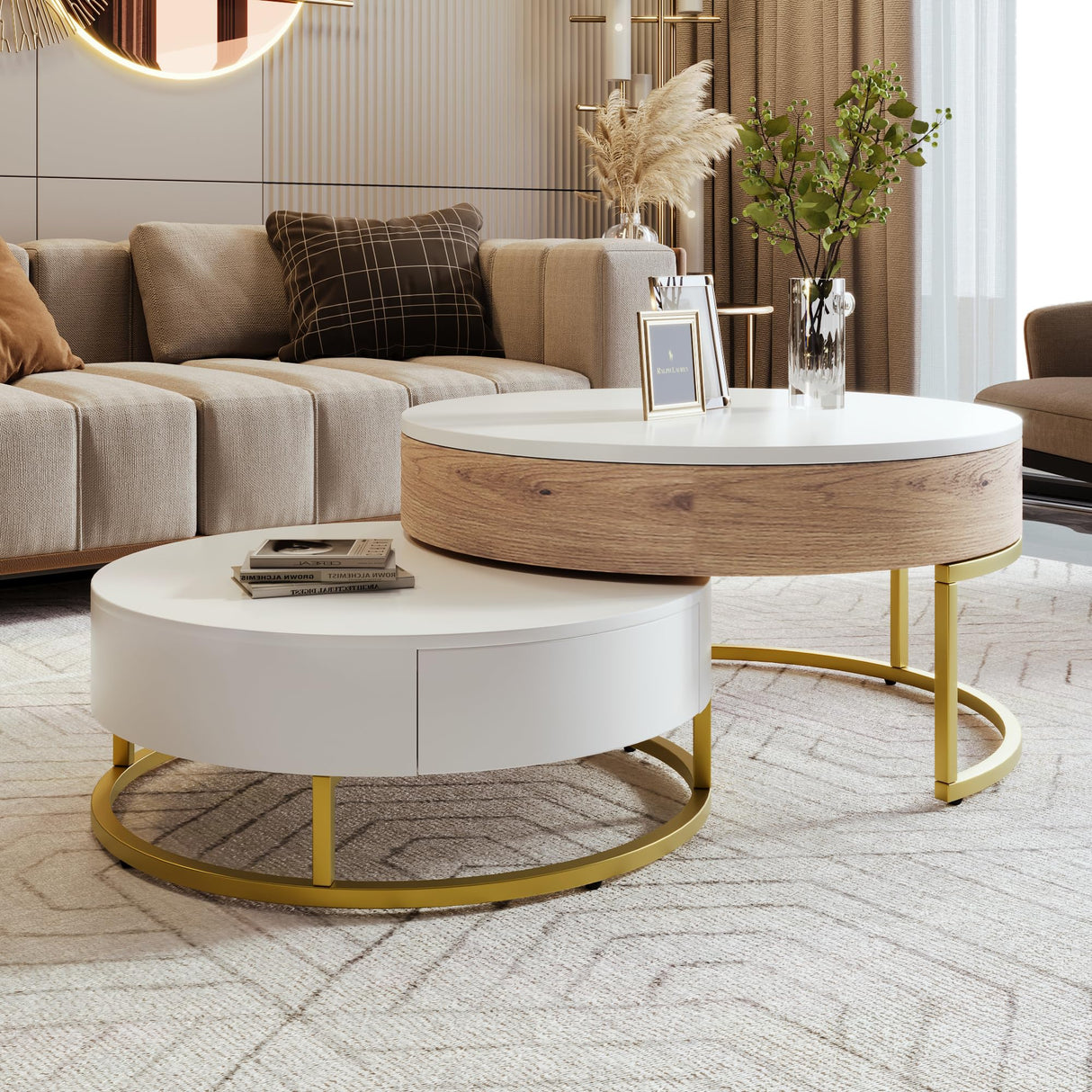 Modern Round Lift-top Nesting Coffee Tables with 2 Drawers for Living Room White & Natural Flieks
