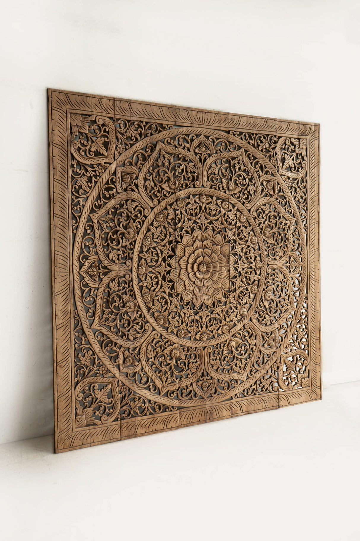 Queen Wood Carved Mandala Headbaord, Handcrafted Bedroom Furniture in Reclaim Teak, Durable Wall Art Hanging from Thailand, Stained in Brown, 60 in Siam Sawadee