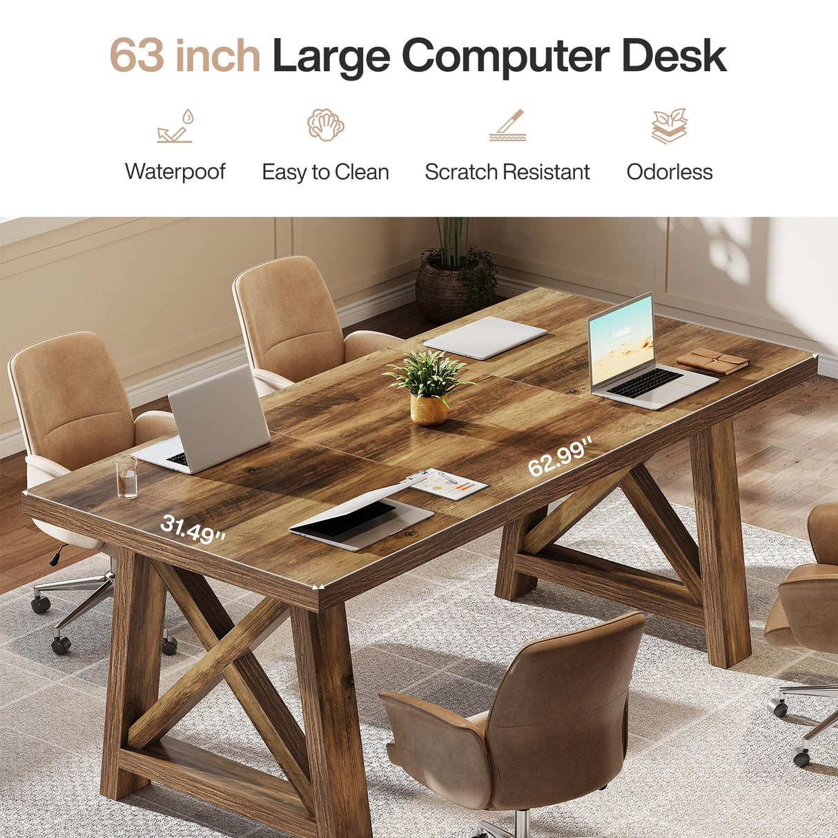 Tribesigns 63-Inch Executive Desk, Large Office Computer Desk with X-Shaped Legs, Modern Simple Workstation Study Writing Conference Table for Home Office, Rustic Brown Tribesigns