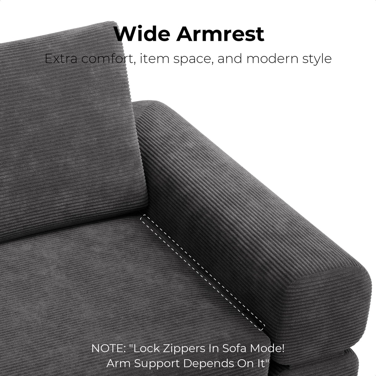 LIKIMIO Convertible Sleeper Sofa Bed Floor Sofa 3-in-1 No Assembly, Foldable Mattress with Corduroy Upholstery Dark Grey, Lounge Loveseat Couch for Living Room Studio Guest Room LIKIMIO