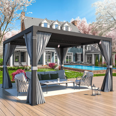 MELLCOM Louvered Pergola - 10x10 Aluminum Pergola with Adjustable Louvered Roof, Waterproof Curtains and Nets, Gray