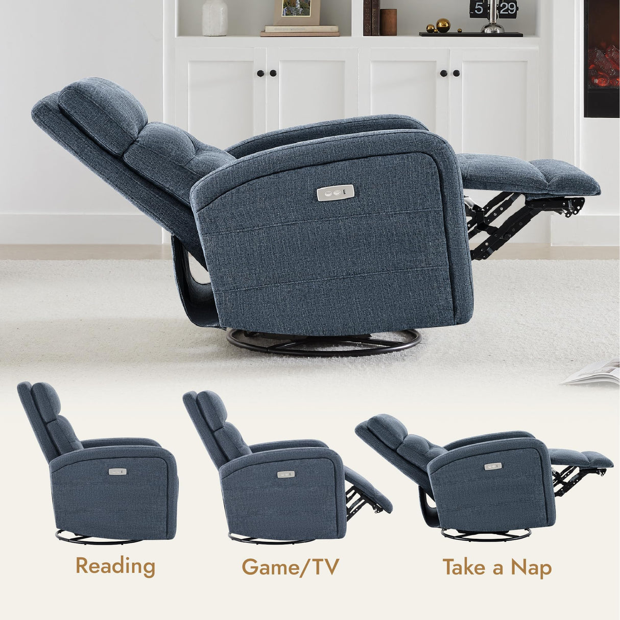 Watson & Whitely Swivel Power Recliner Glider Rocker, Small Recliner with Charging Port for Living Room, Fabric in Blue Watson & Whitely